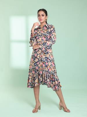 Navy blue rayon floral printed a-line ethnic dress 1