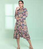 Navy blue rayon floral printed a-line ethnic dress