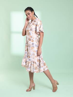 Off white cotton floral printed a-line ethnic dress 2