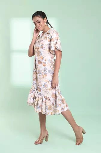 Off white cotton floral printed a-line ethnic dress
