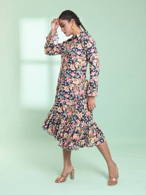 Navy blue rayon floral printed a-line ethnic dress 2