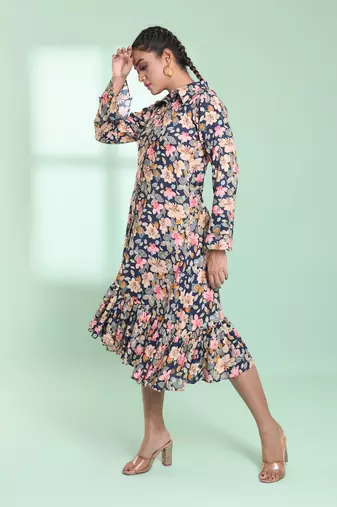 Navy blue rayon floral printed a-line ethnic dress