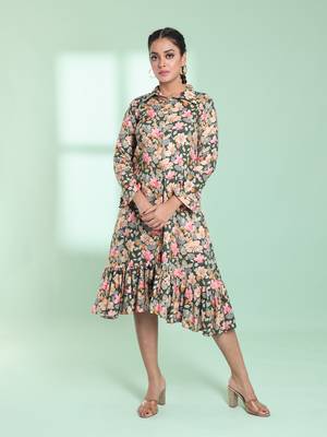 Green rayon floral printed a-line ethnic dress 1