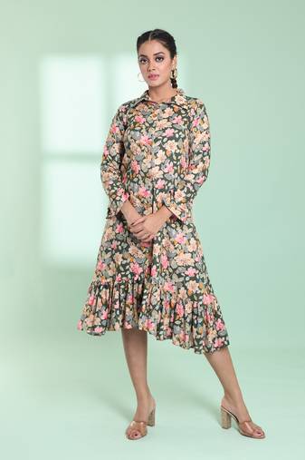 Green rayon floral printed a-line ethnic dress