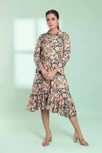 Green rayon floral printed a-line ethnic dress