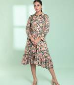 Green rayon floral printed a-line ethnic dress