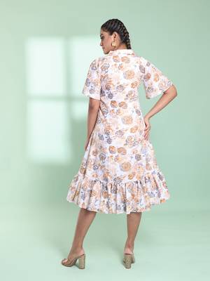 Off white cotton floral printed a-line ethnic dress 3