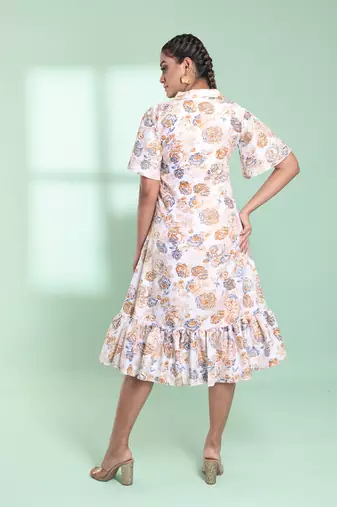 Off white cotton floral printed a-line ethnic dress