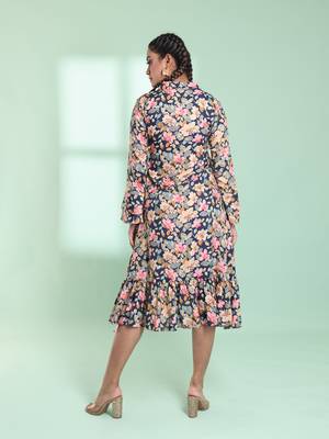 Navy blue rayon floral printed a-line ethnic dress 3
