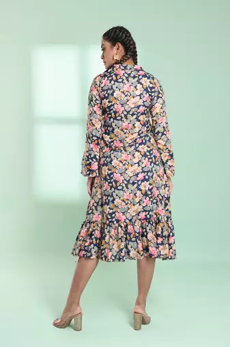 Navy blue rayon floral printed a-line ethnic dress