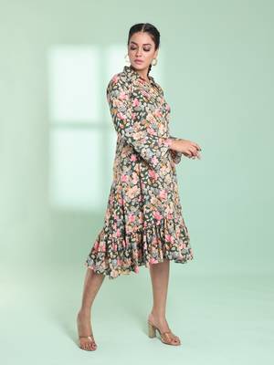 Green rayon floral printed a-line ethnic dress 2