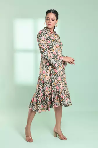 Green rayon floral printed a-line ethnic dress