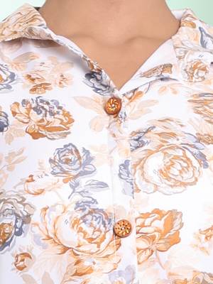 Off white cotton floral printed a-line ethnic dress 4