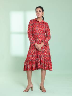 Red rayon bandhani printed a-line ethnic dress 1