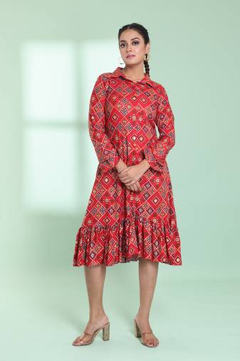 Red rayon bandhani printed a-line ethnic dress