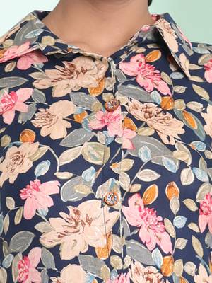 Navy blue rayon floral printed a-line ethnic dress 4