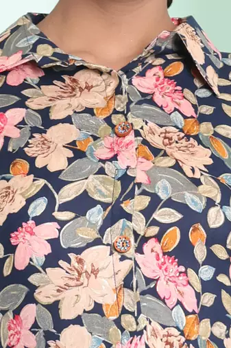 Navy blue rayon floral printed a-line ethnic dress