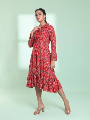 Red rayon bandhani printed a-line ethnic dress 2