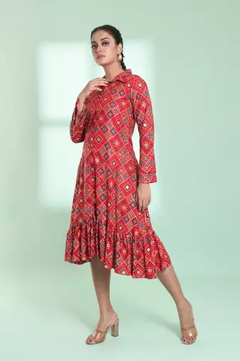 Red rayon bandhani printed a-line ethnic dress