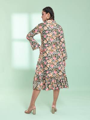 Green rayon floral printed a-line ethnic dress 3
