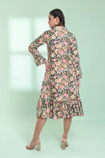 Green rayon floral printed a-line ethnic dress