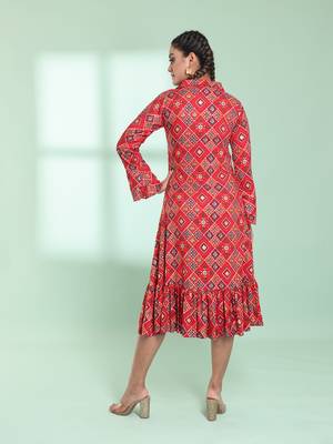 Red rayon bandhani printed a-line ethnic dress 3