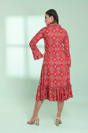 Red rayon bandhani printed a-line ethnic dress