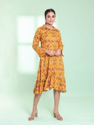 Yellow rayon bandhani printed a-line ethnic dress 1