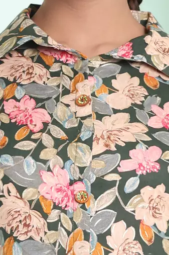 Green rayon floral printed a-line ethnic dress