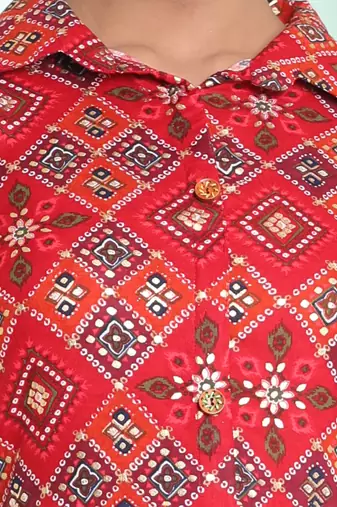 Red rayon bandhani printed a-line ethnic dress
