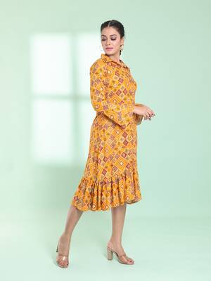 Yellow rayon bandhani printed a-line ethnic dress 2