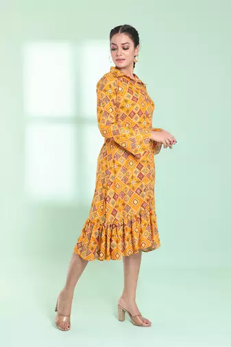 Yellow rayon bandhani printed a-line ethnic dress