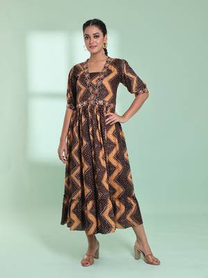 Brown rayon bandhani printed ethnic dress 1