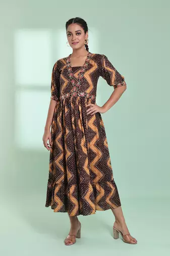Brown rayon bandhani printed ethnic dress