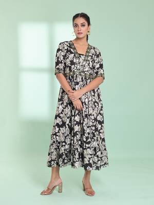 Black rayon floral printed ethnic dress 1