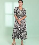 Black rayon floral printed ethnic dress