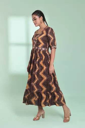 Brown rayon bandhani printed ethnic dress