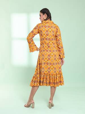 Yellow rayon bandhani printed a-line ethnic dress 3