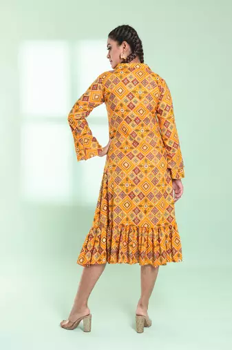 Yellow rayon bandhani printed a-line ethnic dress