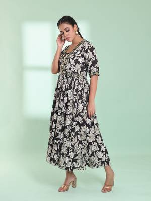 Black rayon floral printed ethnic dress 2