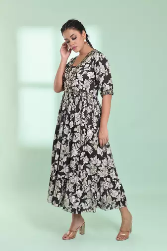 Black rayon floral printed ethnic dress