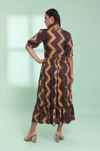 Brown rayon bandhani printed ethnic dress