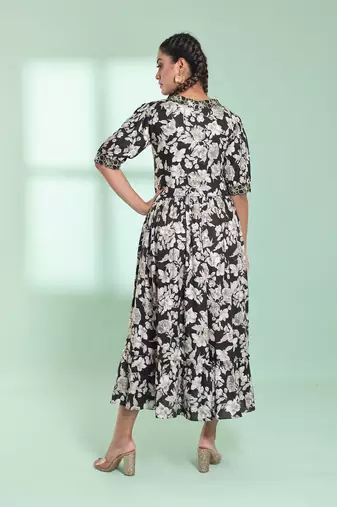 Black rayon floral printed ethnic dress
