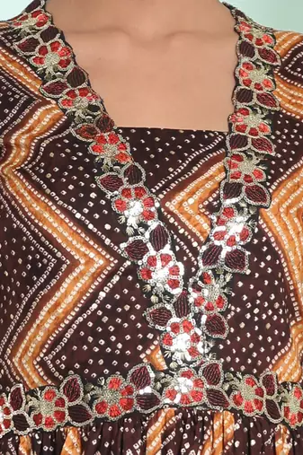 Brown rayon bandhani printed ethnic dress