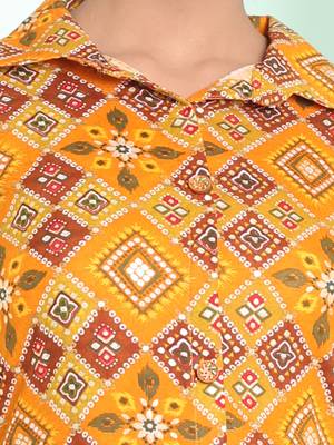 Yellow rayon bandhani printed a-line ethnic dress 4
