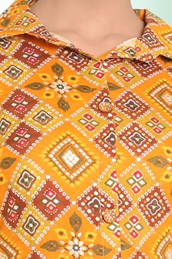 Yellow rayon bandhani printed a-line ethnic dress