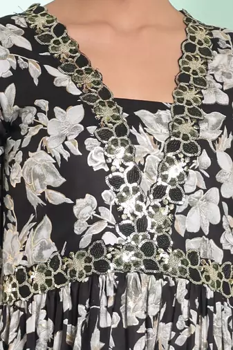 Black rayon floral printed ethnic dress