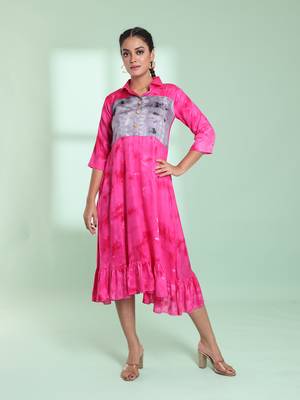Pink rayon printed ethnic dress 1