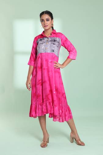 Pink rayon printed ethnic dress