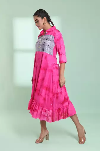 Pink rayon printed ethnic dress